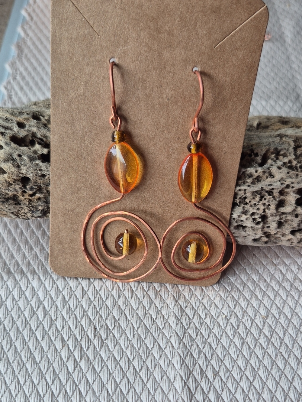 Copper Spiral Drop Earrings with Amber Glass Beads